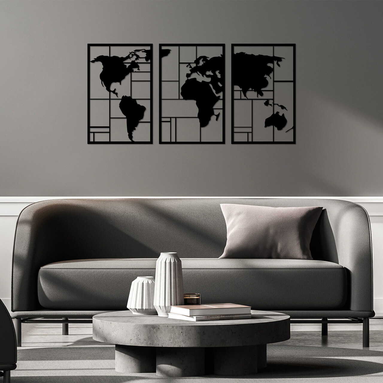 Decoratiune de perete, World Map 3, 48 x 74 cm, 3 piese, Negru - imagine 6
